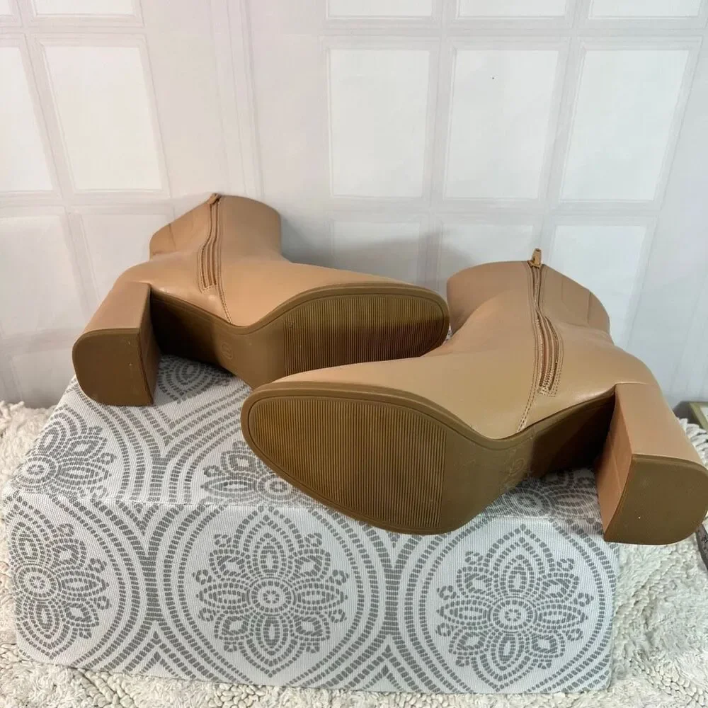A New Day Tan Almond Toe Side Zip Block Heel Janelle Ankle Dress Bootie Size 11
